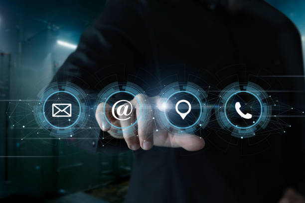 istock Businessman click on the contacts icon . 1482022023