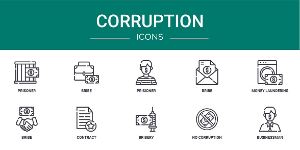 set of 10 outline web corruption icons such as prisoner, bribe, prisioner, bribe, money laundering, bribe, contract vector icons for report, presentation, diagram, web design, mobile app