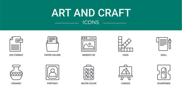 Vector illustration of set of 10 outline web art and craft icons such as svg format, paper holder, website de, ches, quill, ceramic, portrait vector icons for report, presentation, diagram, web design, mobile app