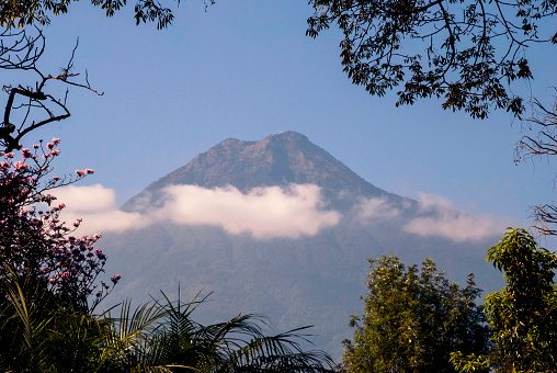Crater of the volcano called Agua in Guatemala, view from the city of La Antigua Guatemala
