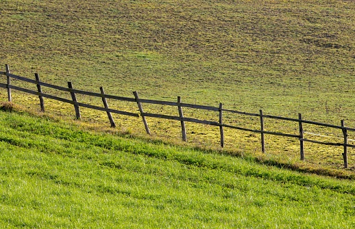 A wooden fence stands in the center of a grassy field