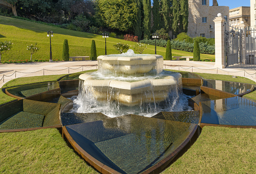 Fountain in Bahai gardens in Haifa, Israel