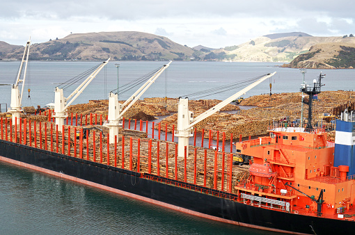 Port Chalmers, Dunedin, Otago, New Zealand, Cargo ship loaded with tree logs