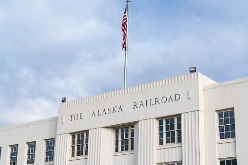 Anchorage, Alaska - September 4, 2022: Exterior of the Alaska Railroad train depot  in downtown Anchorage, Alaska