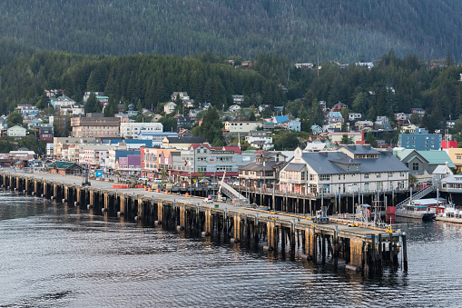 Ketchikan, AK - September 9, 2022: City skyline of the port of Ketchikan, Alaska from the waterfront
