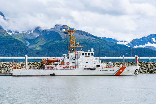 Seward, AK - September 1, 2022: United States Coast Guard Cutter Mustang in docked in Seward, Alaska