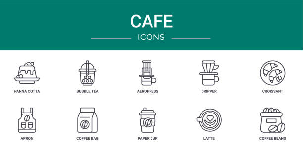 ilustrações de stock, clip art, desenhos animados e ícones de set of 10 outline web cafe icons such as panna cotta, bubble tea, aeropress, dripper, croissant, apron, coffee bag vector icons for report, presentation, diagram, web design, mobile app - creme cozinhado