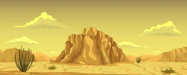 Vector illustration of Desert Arizona. Panoramic landscape of Arizona wildlife. Mountain range, rocks, sand dunes, cactus, clouds. Hot desert scenery Nature desert background Gila Desert, Sonora. Vector cartoon illustration