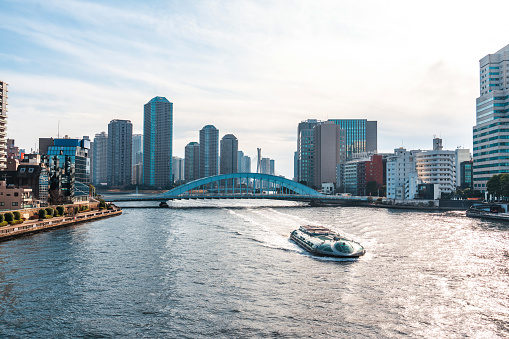 Tokyo, Japan residential Skyscrapers at Tsukishima Island, with Eitai bridge