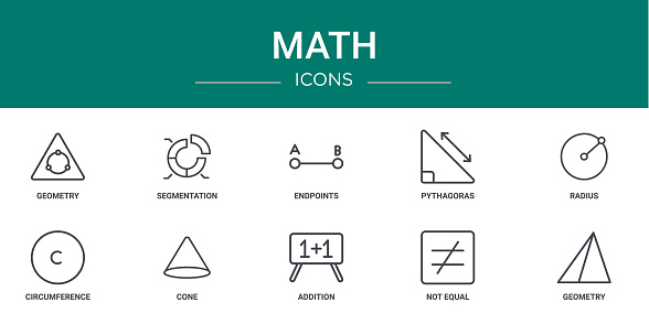 set of 10 outline web math icons such as geometry, segmentation, endpoints, pythagoras, radius, circumference, cone vector icons for report, presentation, diagram, web design, mobile app