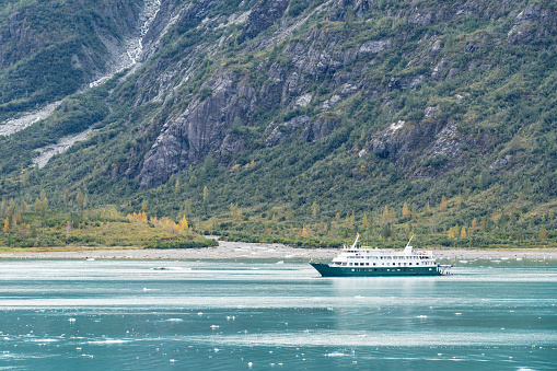 Cruise ship anchored in the icy water of Russell Fjord, Alaska