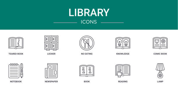 set of 10 outline web library icons such as teared book, locker, no eating, knowledge, comic book, notebook, newspaper vector icons for report, presentation, diagram, web design, mobile app set of 10 outline web library icons such as teared book, locker, no eating, knowledge, comic book, notebook, newspaper vector icons for report, presentation, diagram, web design, mobile app teared stock illustrations