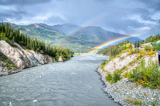 Beautiful rainbow over the Nenana River in Denali National Park, Alaska