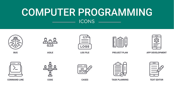 set of 10 outline web computer programming icons such as bug, agile, log file, project plan, app development, command line, code vector icons for report, presentation, diagram, web design, mobile
