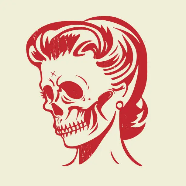 Vector illustration of retro cartoon illustration of woman with skull head