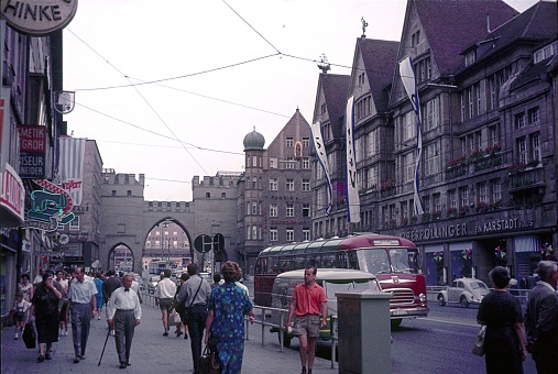 Munich, Bavaria, Germany, 1964. The famous Kaufingerstrasse with its shops and visitors (pedestrians) in the heart of Munich.