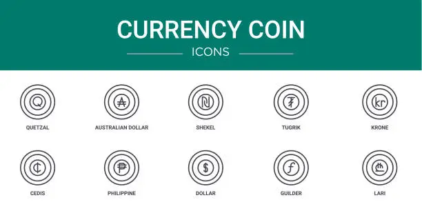 Vector illustration of set of 10 outline web currency coin icons such as quetzal, australian dollar, shekel, tugrik, krone, cedis, philippine vector icons for report, presentation, diagram, web design, mobile app