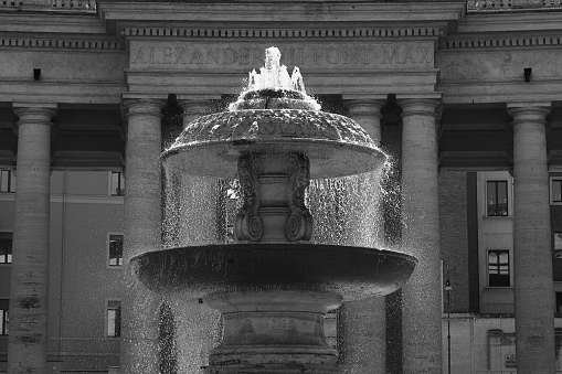 Rome, Detail of one of the fountains in St. Peter's Square, black and white