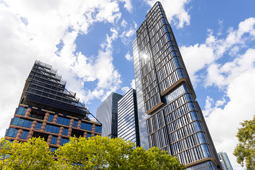 Low angle view of modern office buildings, skyscrapers, Parramatta NSW, background with copy space, full frame horizontal composition