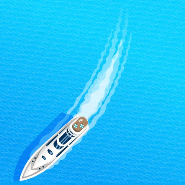 Vector illustration of White luxury yacht, vessel with cabin as water transport. Ship is in roads in harbor commercial boat