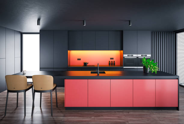 istock Black Modern minimalist kitchen with long island with stools. Dark materials. 1482056788
