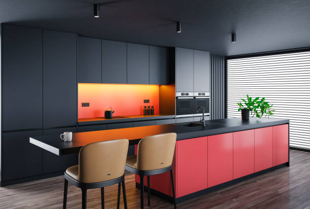 istock Black Modern minimalist kitchen with long island with stools. Dark materials. 1482056813