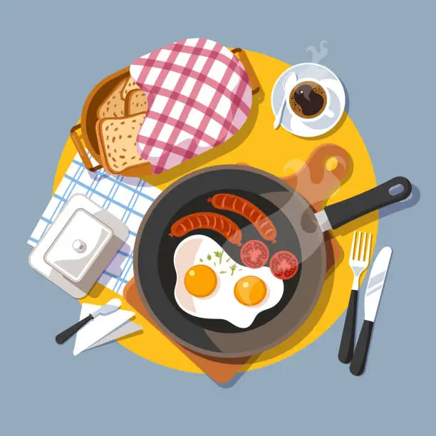 Vector illustration of Vector Illustration of traditional breakfast with scrambled eggs, sausages, bread, a cup of coffee. Top view. Classic continental breakfast. Morning food.