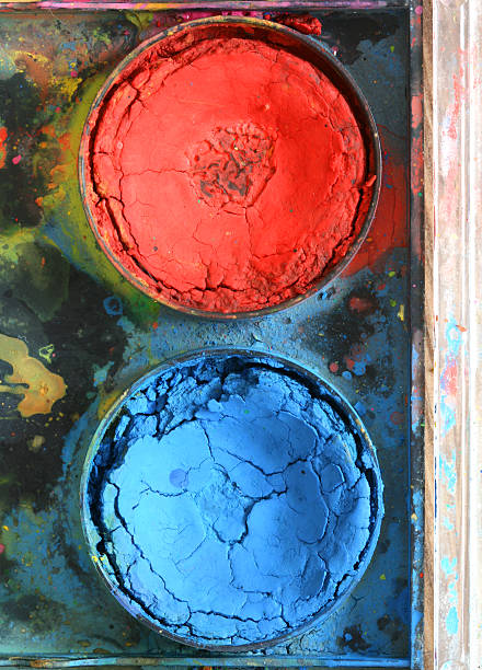 istock Very old used water color paint box top down view 148205919