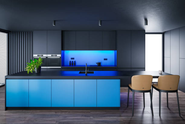 istock Black Modern minimalist kitchen with long island with stools. Dark materials. Blue LED lights 1482062184