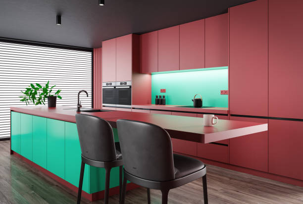istock Dark red and green Modern minimalist kitchen with long island with stools. Dark matte materials. 1482065397