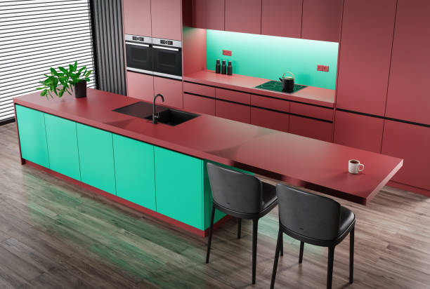 istock Dark red and green Modern minimalist kitchen with long island with stools. Dark matte materials. 1482065412