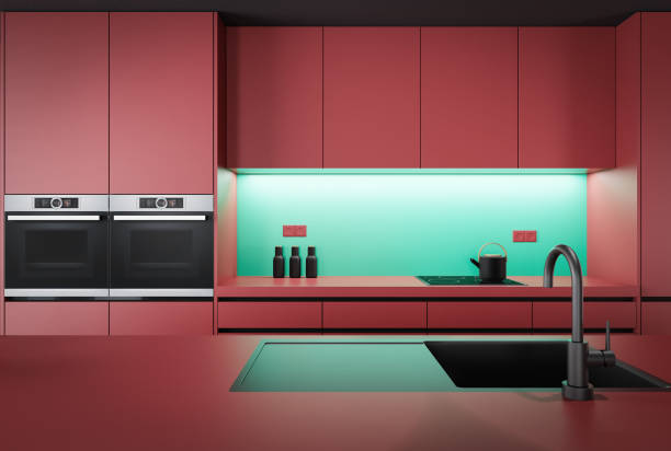 istock Dark red and green Modern minimalist kitchen with long island with stools. Dark matte materials. 1482065442