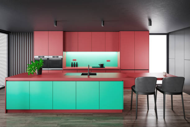 istock Dark red and green Modern minimalist kitchen with long island with stools. Dark matte materials. 1482065463