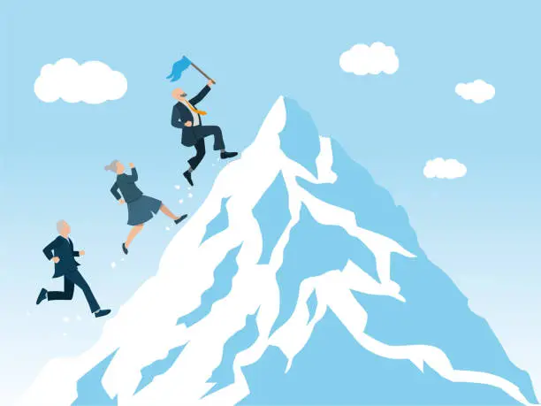 Vector illustration of illustration showing businessmen climbing to the top of a mountain to plant a flag. Concept of competition, teamwork to achieve a goal