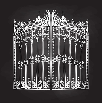 Enter through the Royal Palace Gates and admire the intricate metal work. The filigree and opulent designs are reminiscent of the days gone by when only masters could achieve  this perfection. Located in London, these gates have seen royalty and common folk enter to the main palace. Hand drawn vector image.