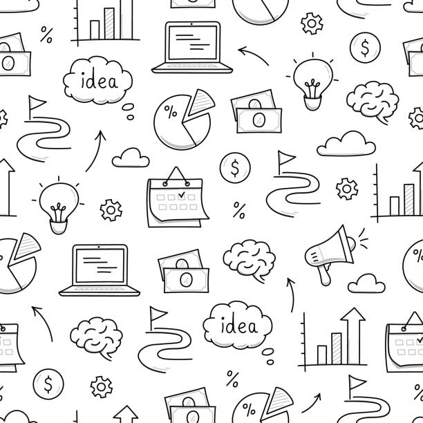 ilustrações de stock, clip art, desenhos animados e ícones de business idea doodle seamless pattern background. business success, creative idea concept doodle drawn sketch style pattern with lightbulb, megaphone, calendar element. vector - writing instrument