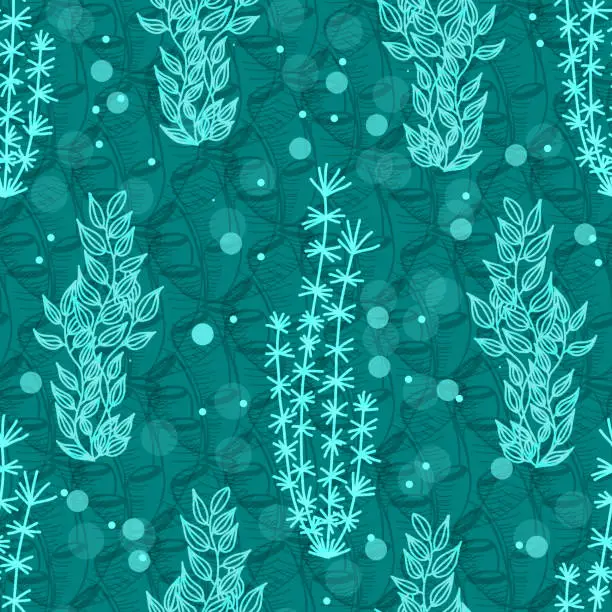 Vector illustration of Seamless pattern with a vertical pattern of algae. Turquoise background. Trendy design seamless with underwater plants.Aqua color