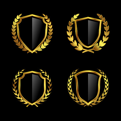 istock Set of 4 golden shield frame with laurel wreath, 1482072642