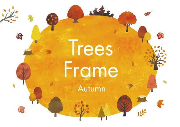 Vector illustration of Trees and meadow frame in autumn watercolor