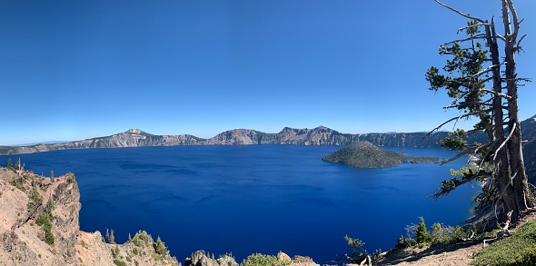 Crater Lake National Park is in the Cascade Mountains of southern Oregon. It’s known for its namesake Crater Lake, formed by the now-collapsed volcano, Mount Mazama.