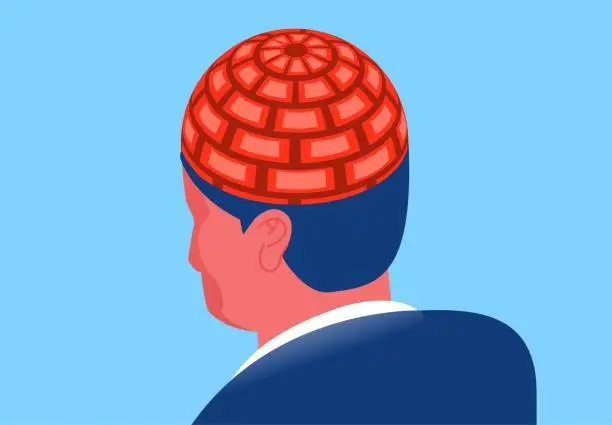 Stubbornness, stubbornness, paranoia, unrepentant, loss of creativity and inspiration, closed minds and ideas, businessmen's brains blocked by brick walls Stubbornness, stubbornness, paranoia, unrepentant, loss of creativity and inspiration, closed minds and ideas, businessmen's brains blocked by brick walls