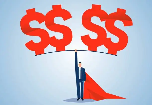 Vector illustration of Professional investment or business ability, successful investor or businessman, finance or financial expert, investment leader, cape wearer businessman lifting heavy dollars