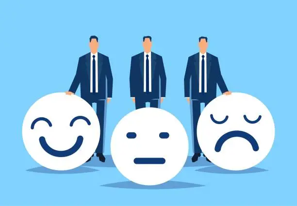 Vector illustration of Emotion management and control, mental anxiety, happy and calm, three businessmen holding three different expressions