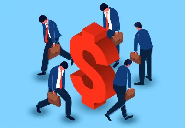 Vector illustration of Business finance or career development problems and frustrations, dead ends, droopy businessmen circling around the dollar