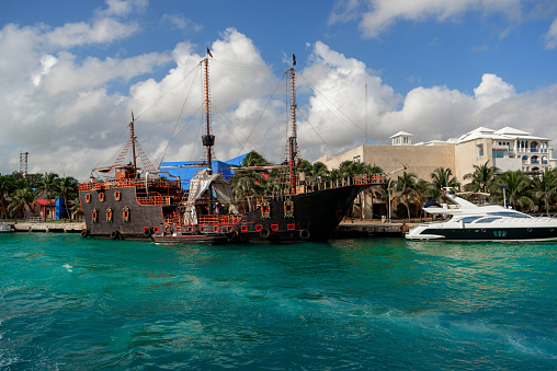 Tour boat for tourists, replica of the pirate boat in São Francisco do Sul, Santa Catarina, Brazil. January 25, 2023.