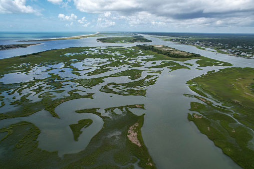 Aerial views from over the marsh at Banks Channel, Wrightsville Beach, North Carolina