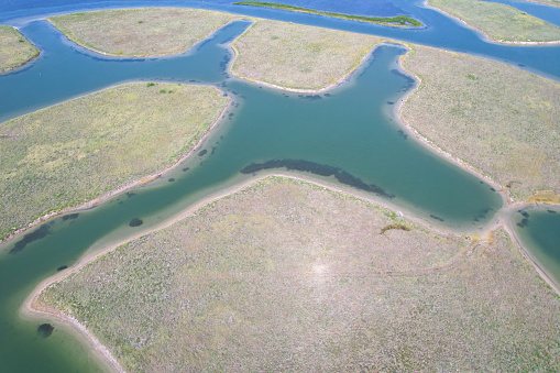 Aerial views from over the flats and sand dunes north of South Padre Island, Texas