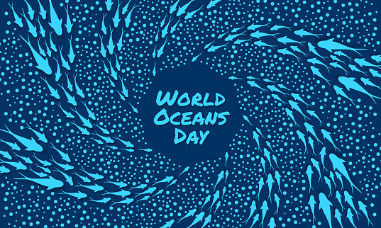 World Ocean Day Swimming Fish Paper cut Poster underwater sea background vector.