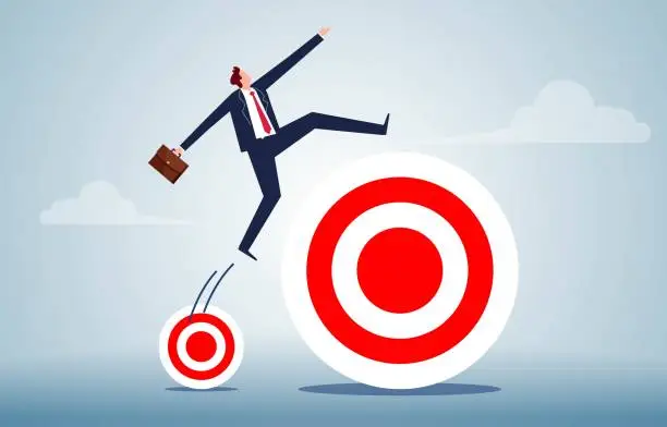 Vector illustration of Great leap forward, accomplishing a huge goal in one step or achieving great success in one step, getting a business or career breakthrough or promotion, fantastic, pompous, dishonest, businessman taking one step from a small go