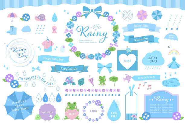 illustrazioni stock, clip art, cartoni animati e icone di tendenza di rainy season illustrations and decorations.this collection include gocce di pioggia, icona, natura, ornamento, scarabocchi, nastri e altro ancora. - stagione delle piogge